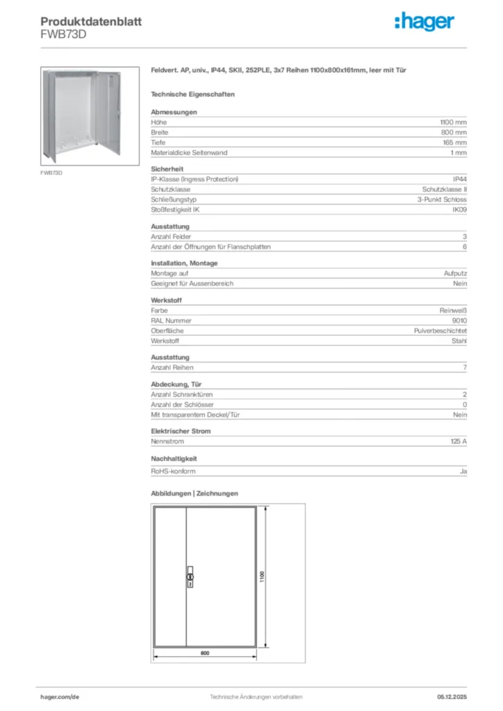 Bild Hager Produktdatenblatt FWB73D | Hager Deutschland