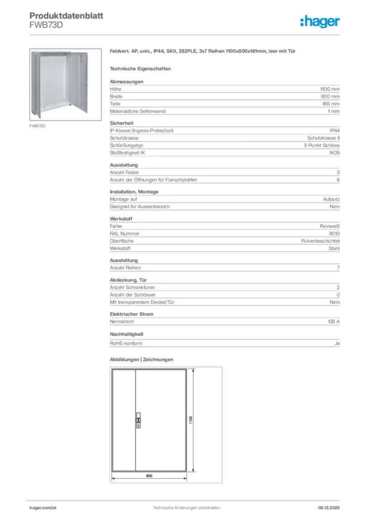Bild Hager Produktdatenblatt FWB73D | Hager Deutschland