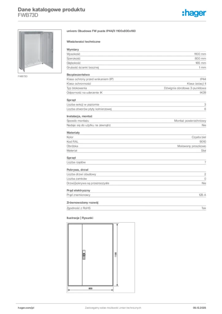 Zdjęcie Hager Karta katalogowa FWB73D | Hager Polska