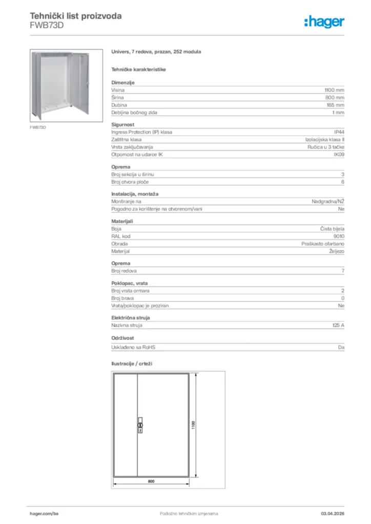 Slika Hager Tehnički list proizvoda FWB73D  | Hager