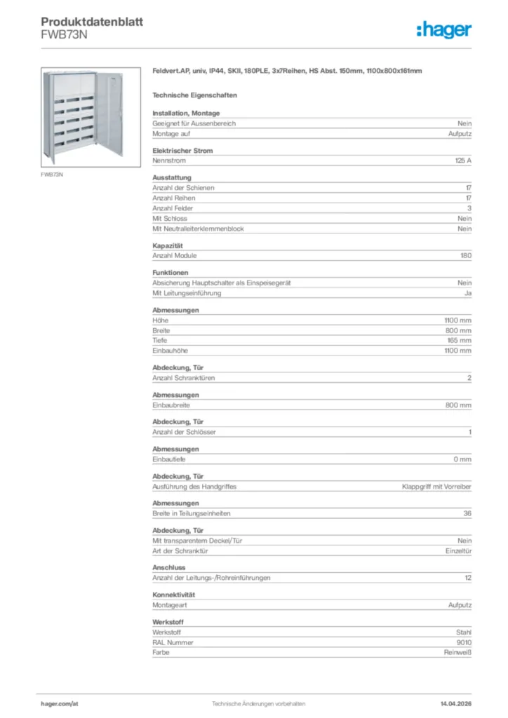 Bild Hager Produktdatenblatt FWB73N | Hager Deutschland