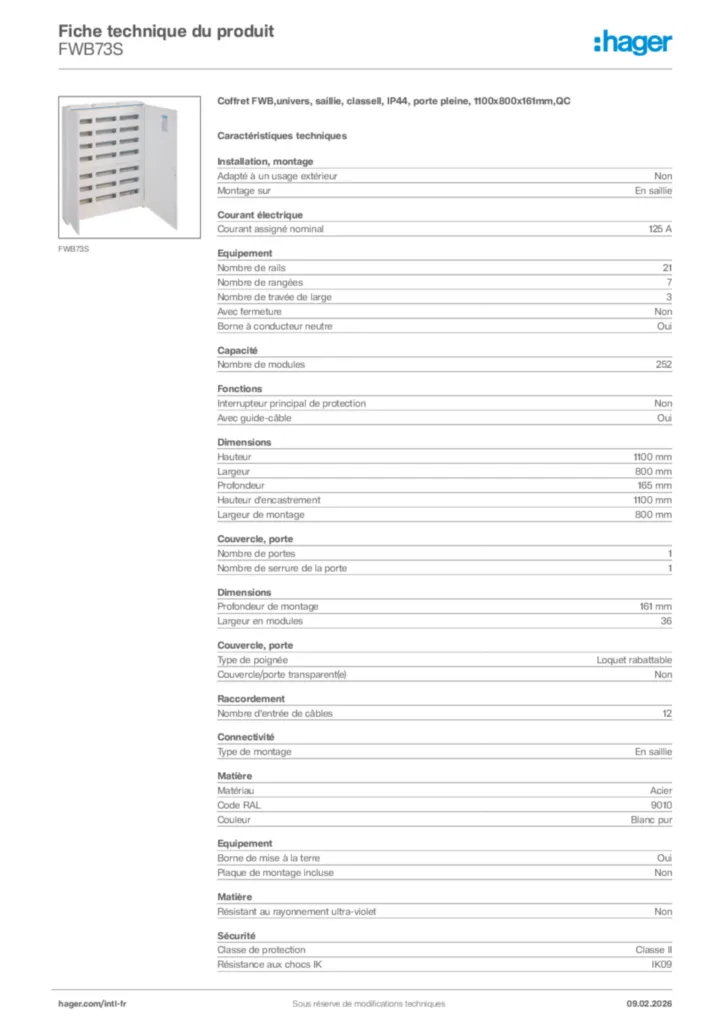 Image Hager Fiche technique du produit FWB73S | Hager Afrique