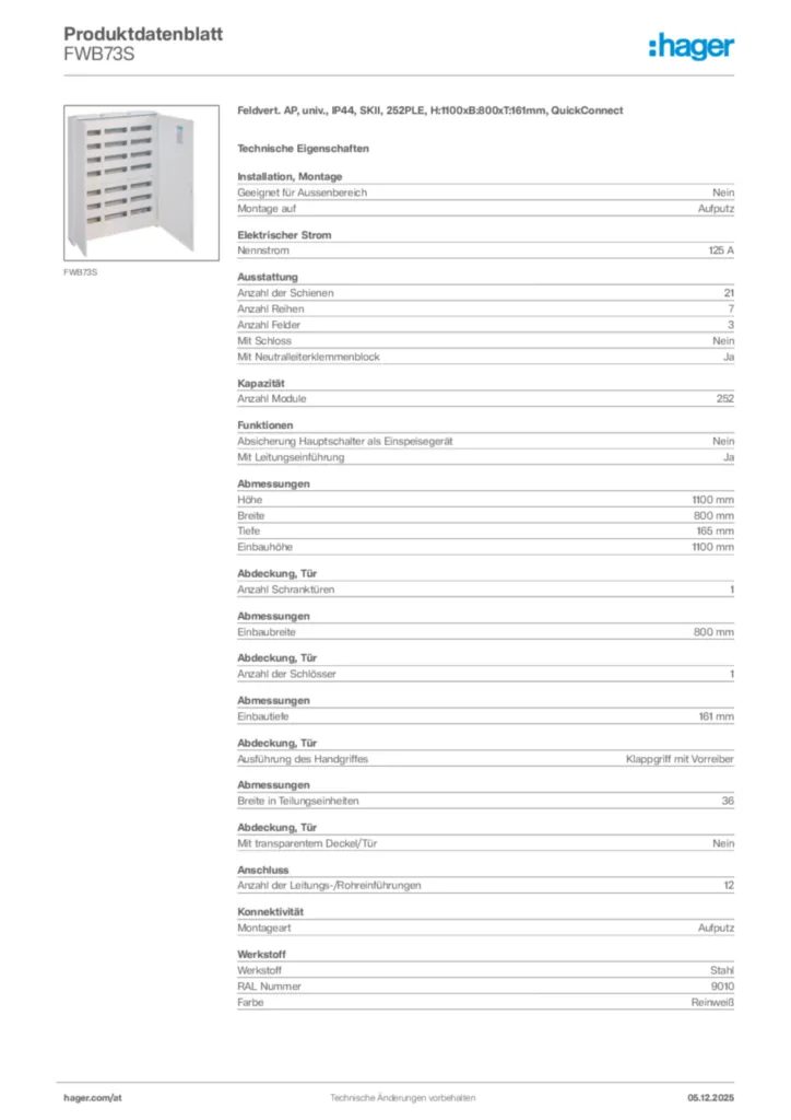 Bild Hager Produktdatenblatt FWB73S | Hager Deutschland