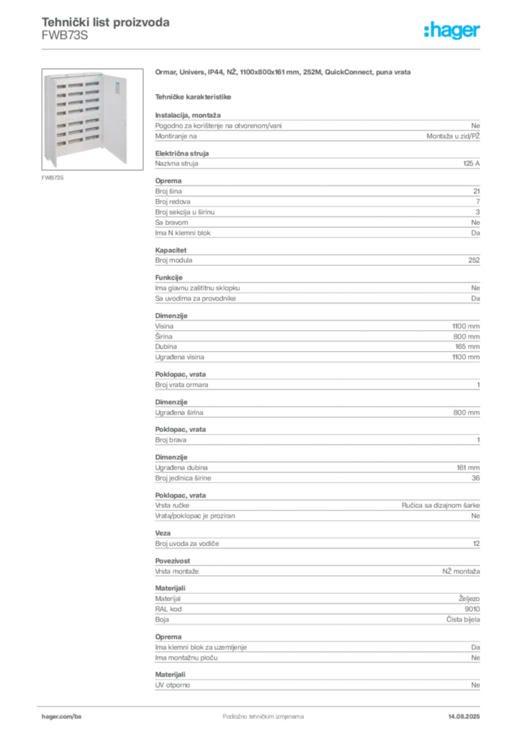 Slika Hager Product data sheet FWB73S  | Hager