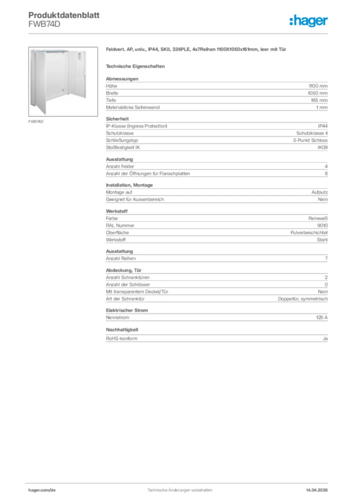 Bild Hager Produktdatenblatt FWB74D | Hager Deutschland
