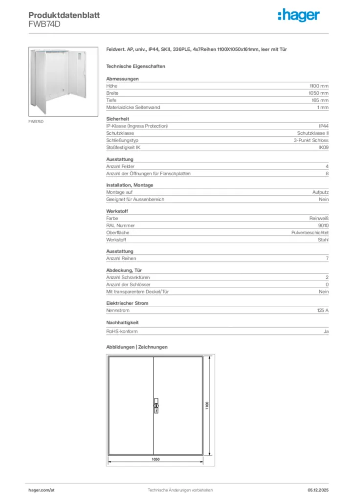 Bild Hager Produktdatenblatt FWB74D | Hager Deutschland