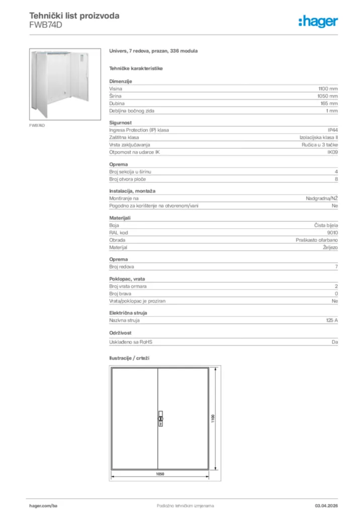 Slika Hager Tehnički list proizvoda FWB74D  | Hager