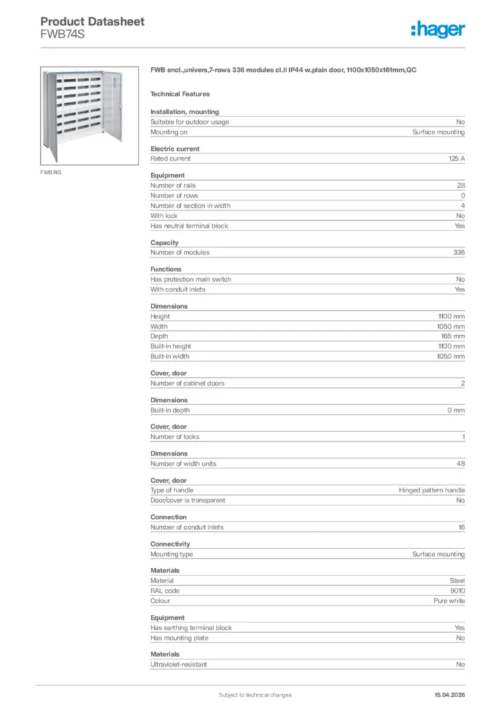 Image Hager Product data sheet FWB74S  | Hager Africa