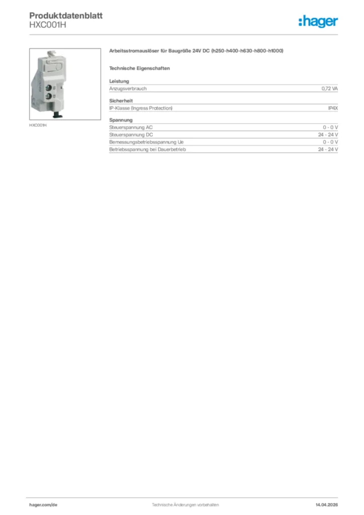Bild Hager Produktdatenblatt HXC001H | Hager Deutschland