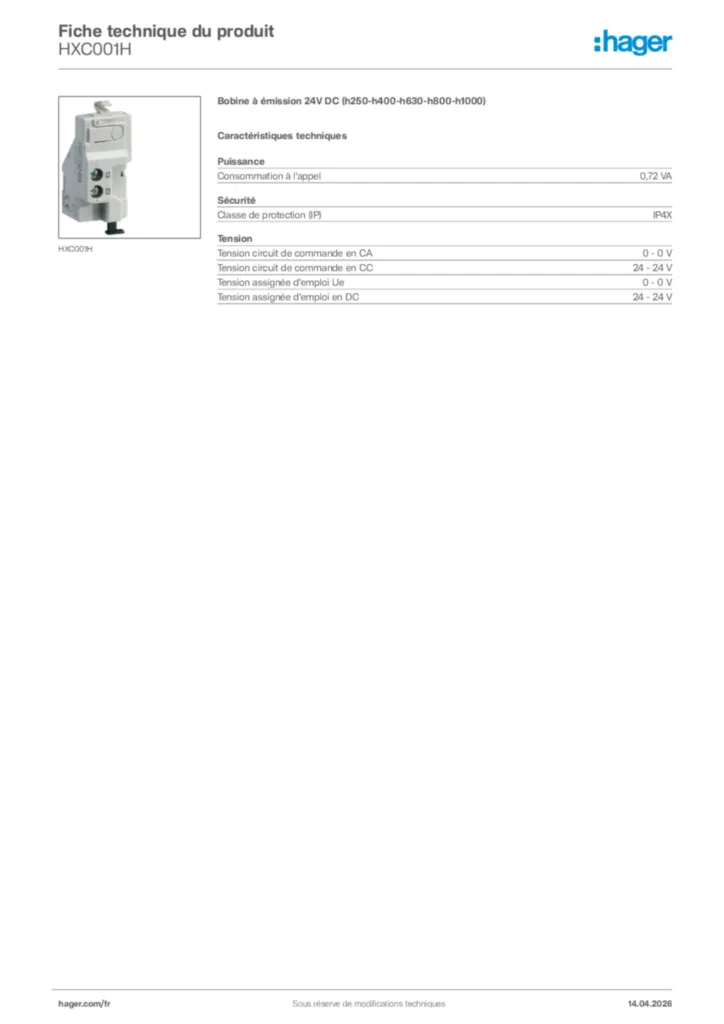 Image Hager Fiche technique du produit HXC001H | Hager France