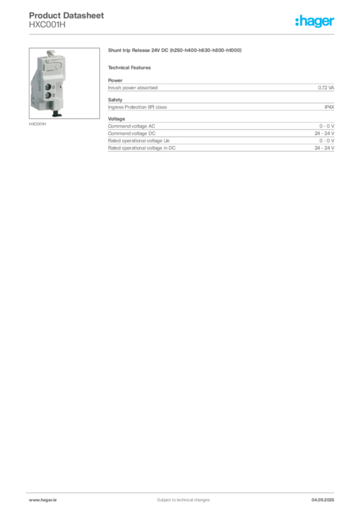 Image Hager Product data sheet HXC001H  | Hager