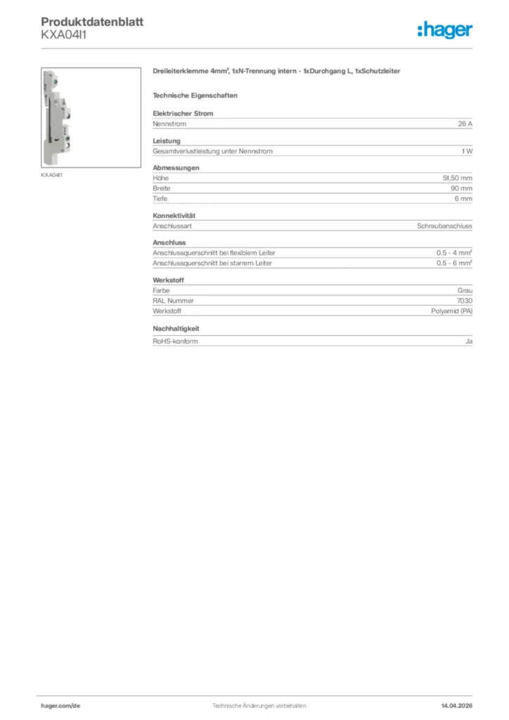 Bild Hager Produktdatenblatt KXA04I1 | Hager Deutschland