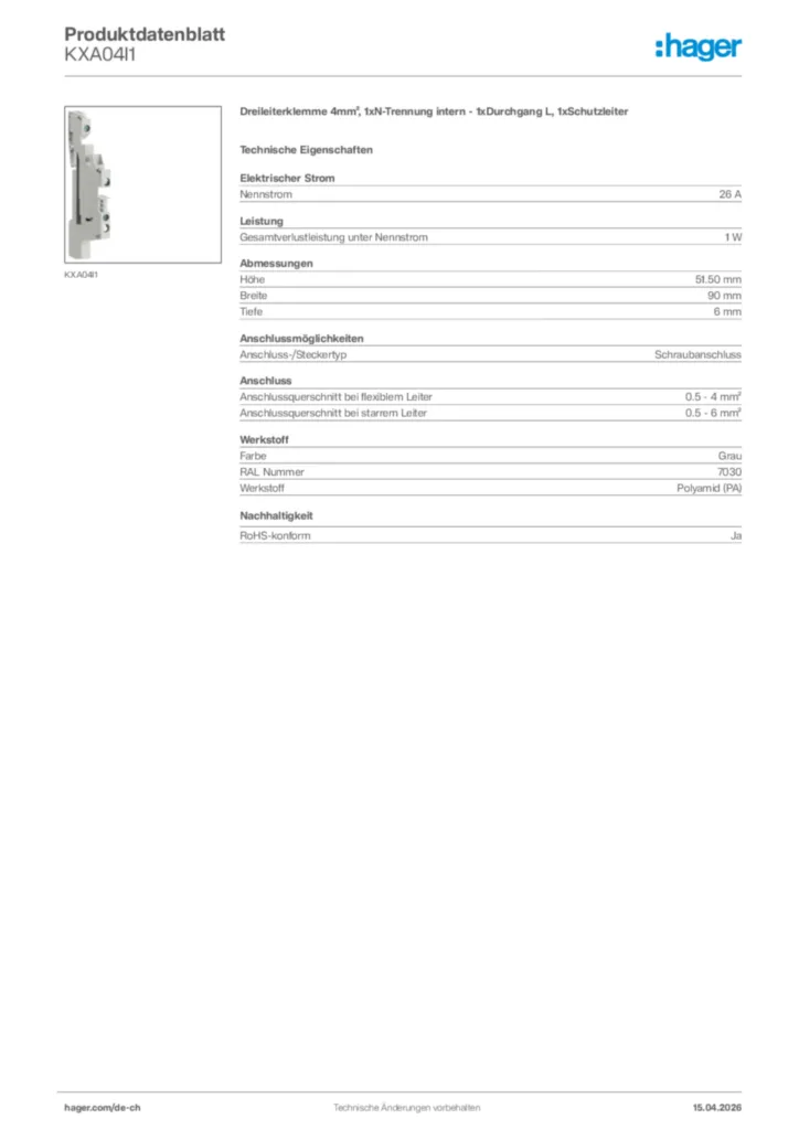 Bild Hager Produktdatenblatt KXA04I1 | Hager Schweiz