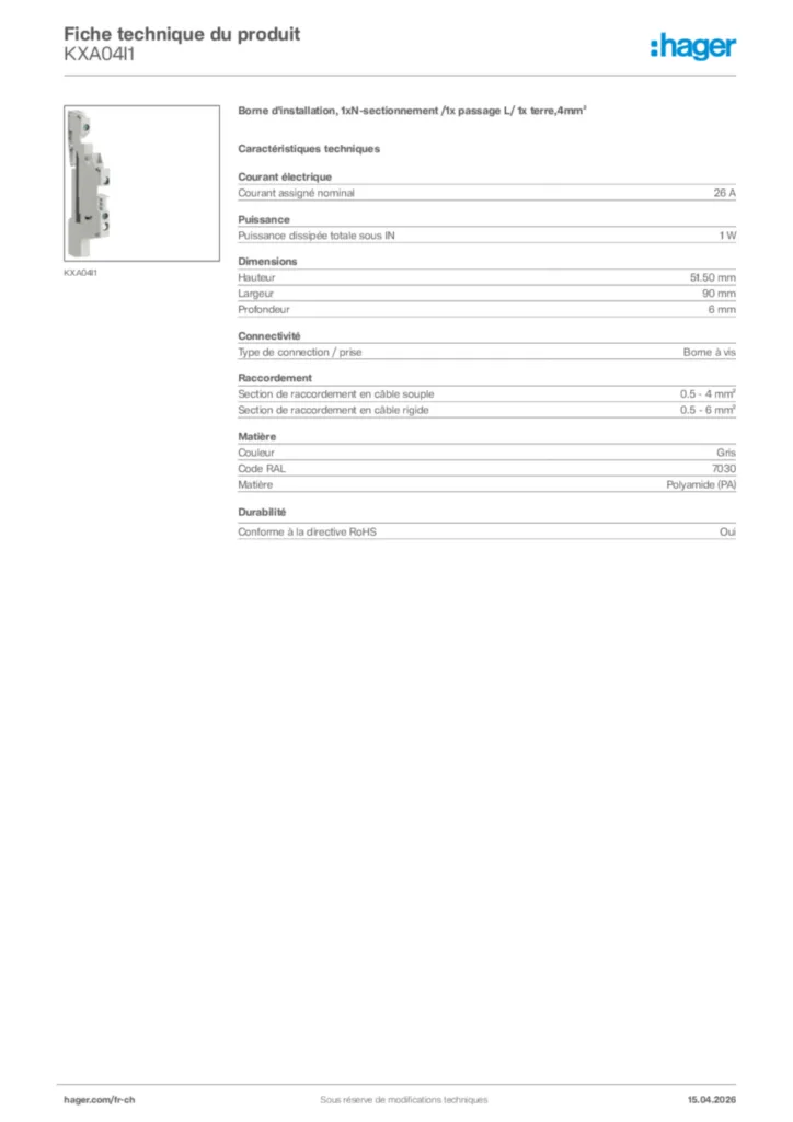 Image Hager Fiche technique du produit KXA04I1 | Hager Suisse