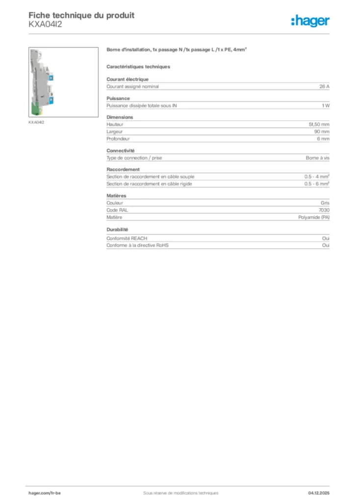 Image Hager Fiche technique du produit KXA04I2 | Hager Belgique