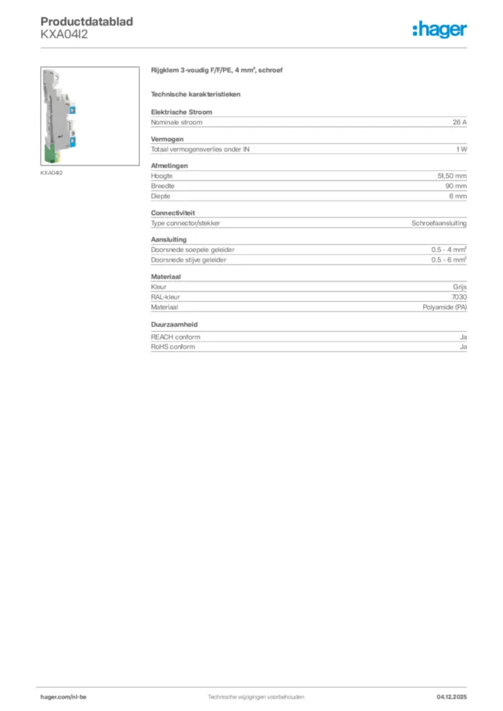 Afbeelding Hager Productdatablad KXA04I2 | Hager Belgium