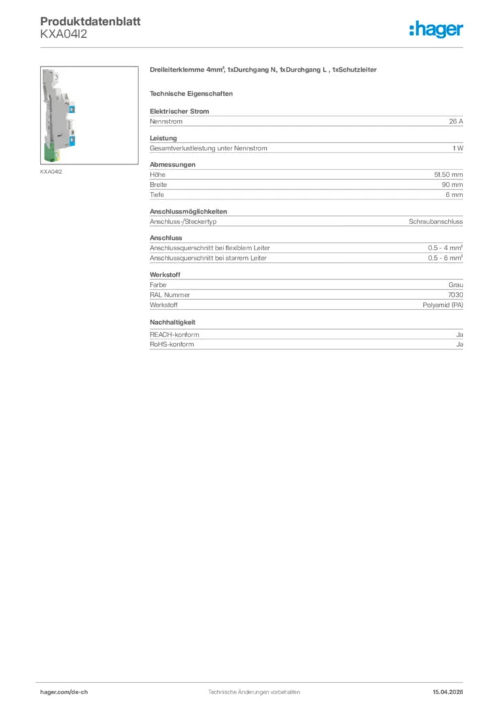 Bild Hager Produktdatenblatt KXA04I2 | Hager Schweiz