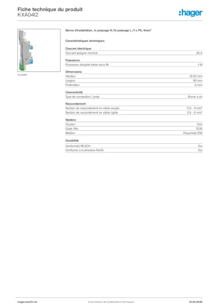 Image Hager Fiche technique du produit KXA04I2 | Hager Suisse
