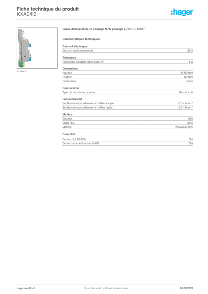 Image Hager Fiche technique du produit KXA04I2 | Hager Suisse
