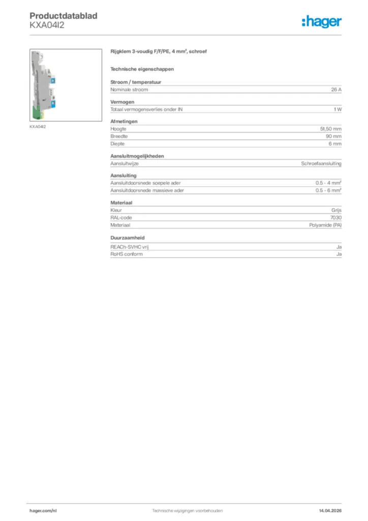 Afbeelding Hager Productdatablad KXA04I2 | Hager Nederland