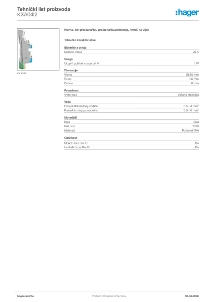 Slika Hager Tehnički list proizvoda KXA04I2  | Hager