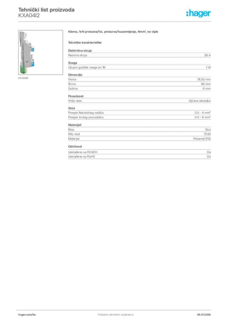 Slika Hager Product data sheet KXA04I2  | Hager