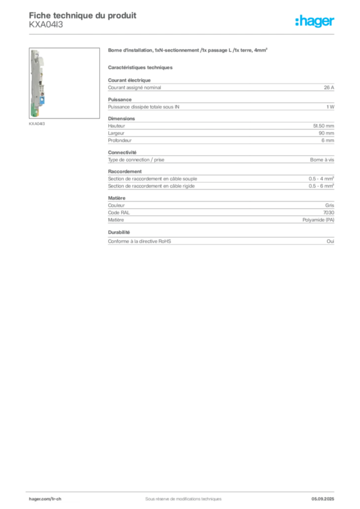 Image Hager Fiche technique du produit KXA04I3 | Hager Suisse