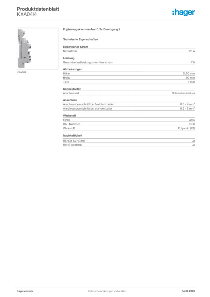 Bild Hager Produktdatenblatt KXA04I4 | Hager Deutschland