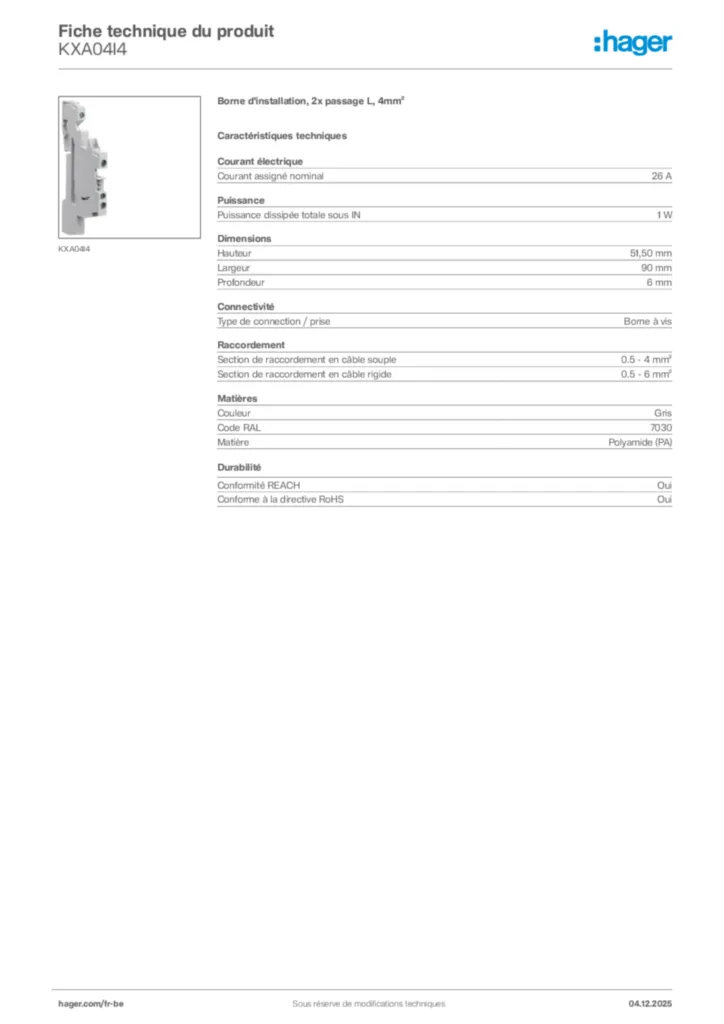 Image Hager Fiche technique du produit KXA04I4 | Hager Belgique