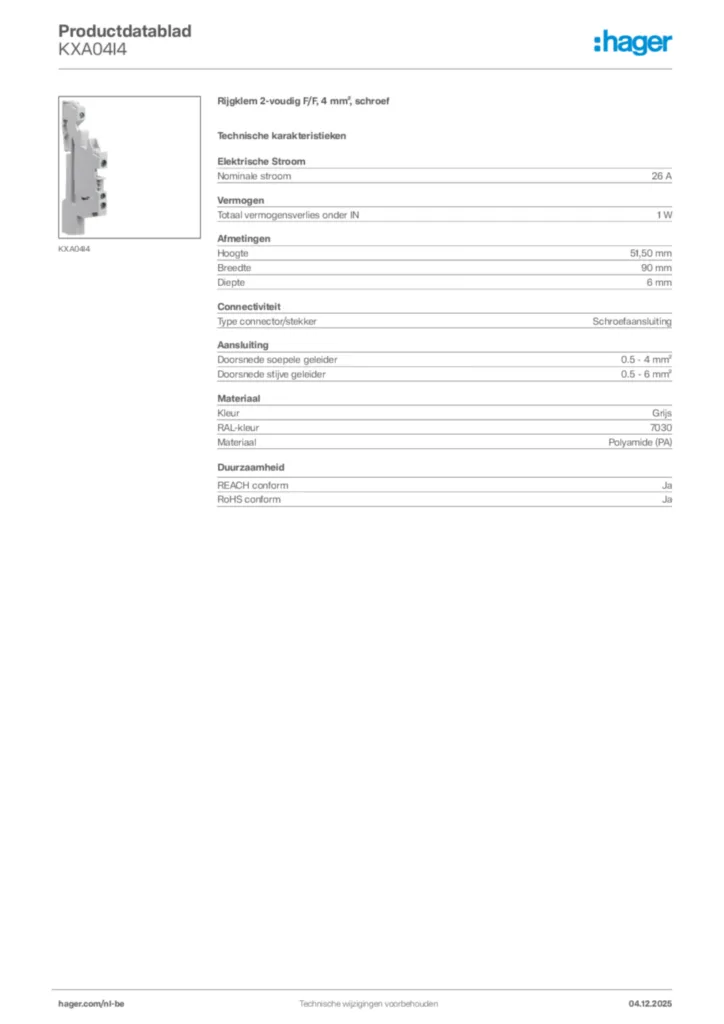 Afbeelding Hager Productdatablad KXA04I4 | Hager Belgium