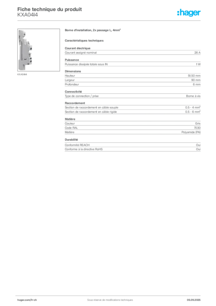 Image Hager Fiche technique du produit KXA04I4 | Hager Suisse