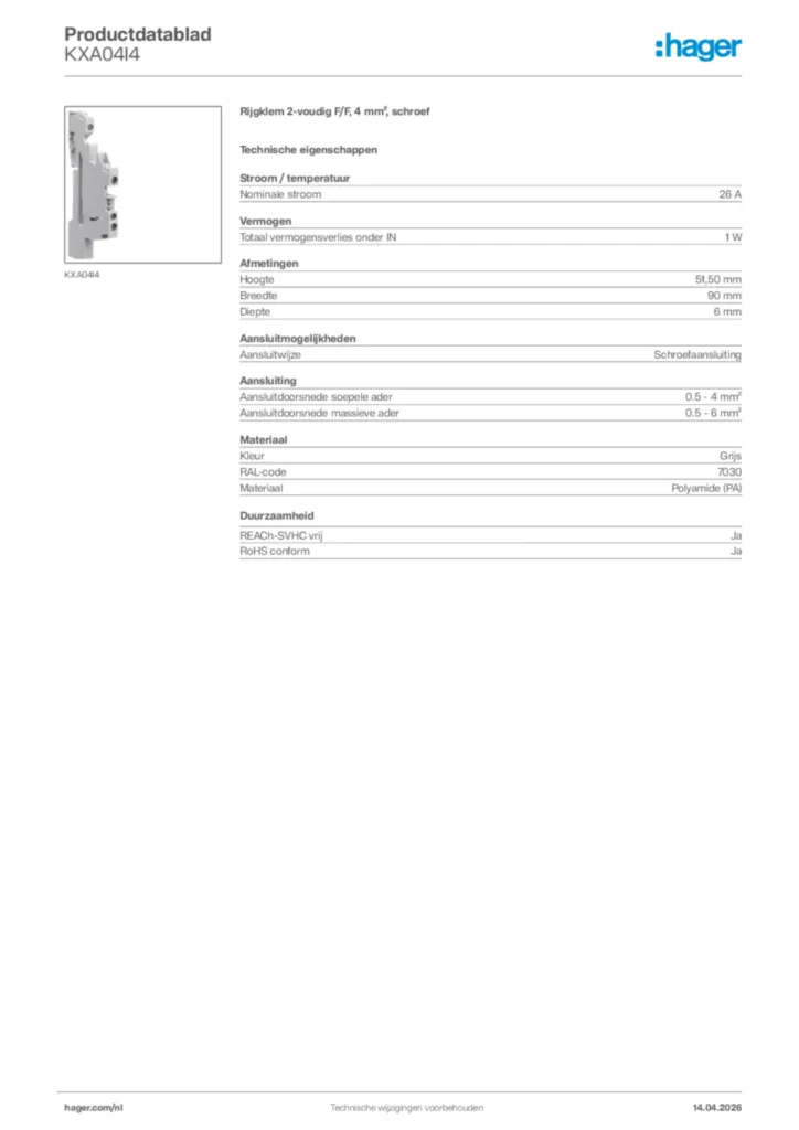 Afbeelding Hager Productdatablad KXA04I4 | Hager Nederland
