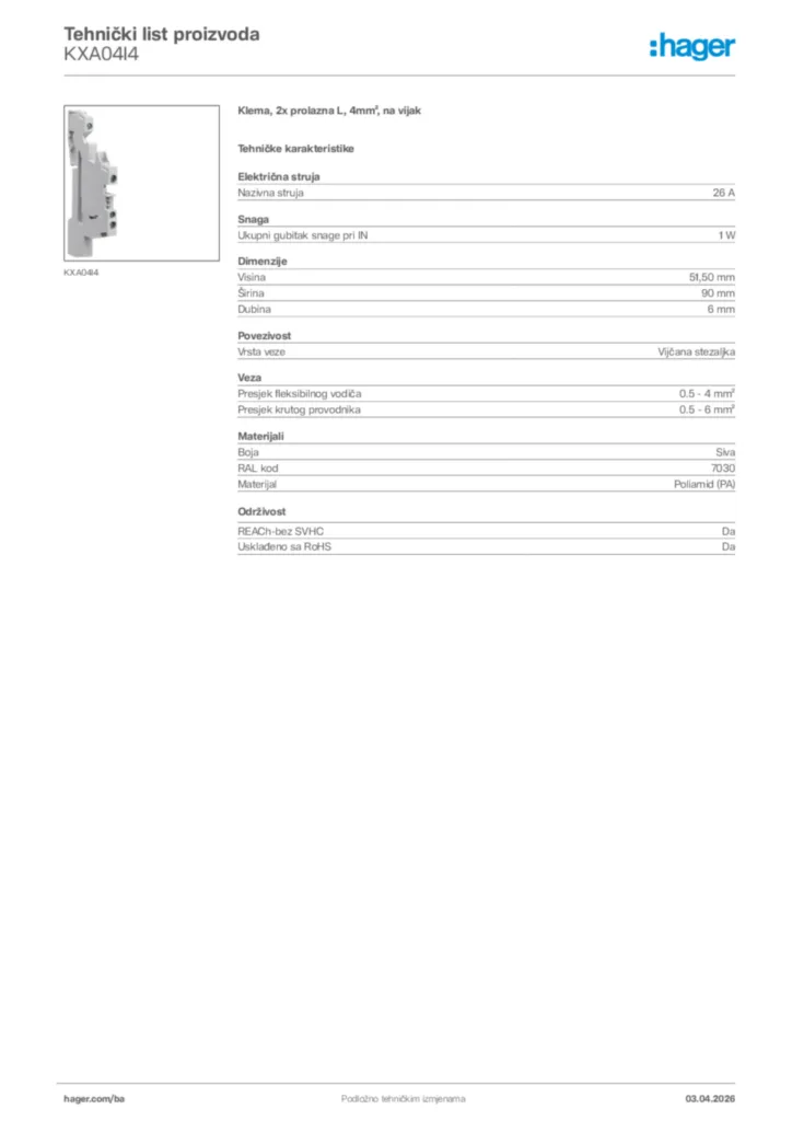 Slika Hager Tehnički list proizvoda KXA04I4  | Hager