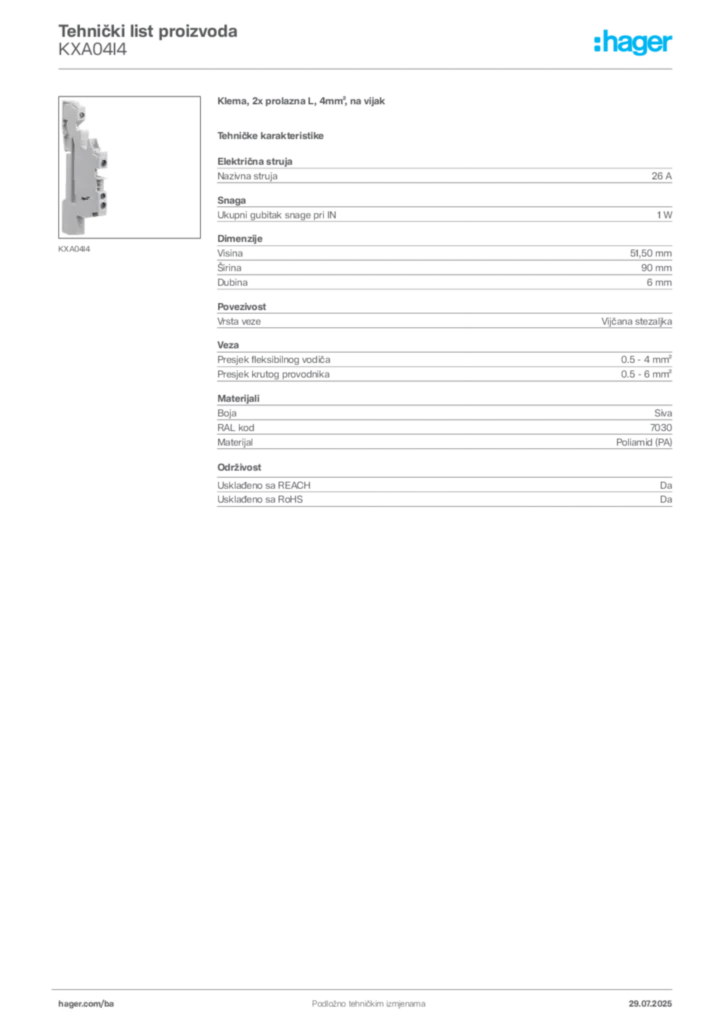 Slika Hager Product data sheet KXA04I4  | Hager