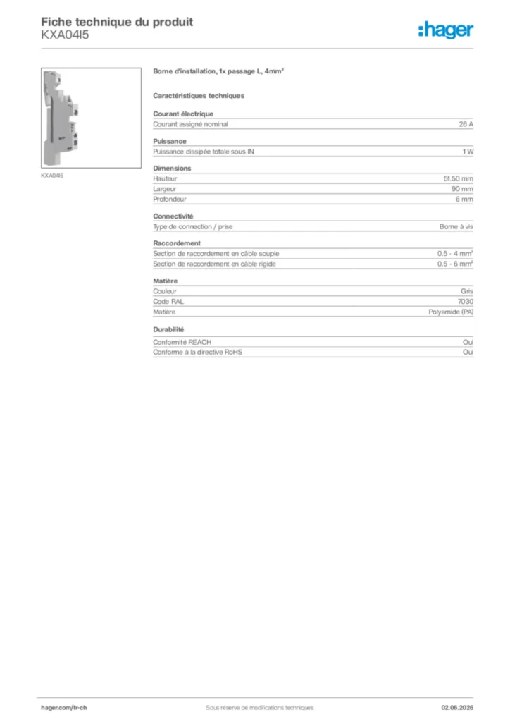 Image Hager Fiche technique du produit KXA04I5 | Hager Suisse