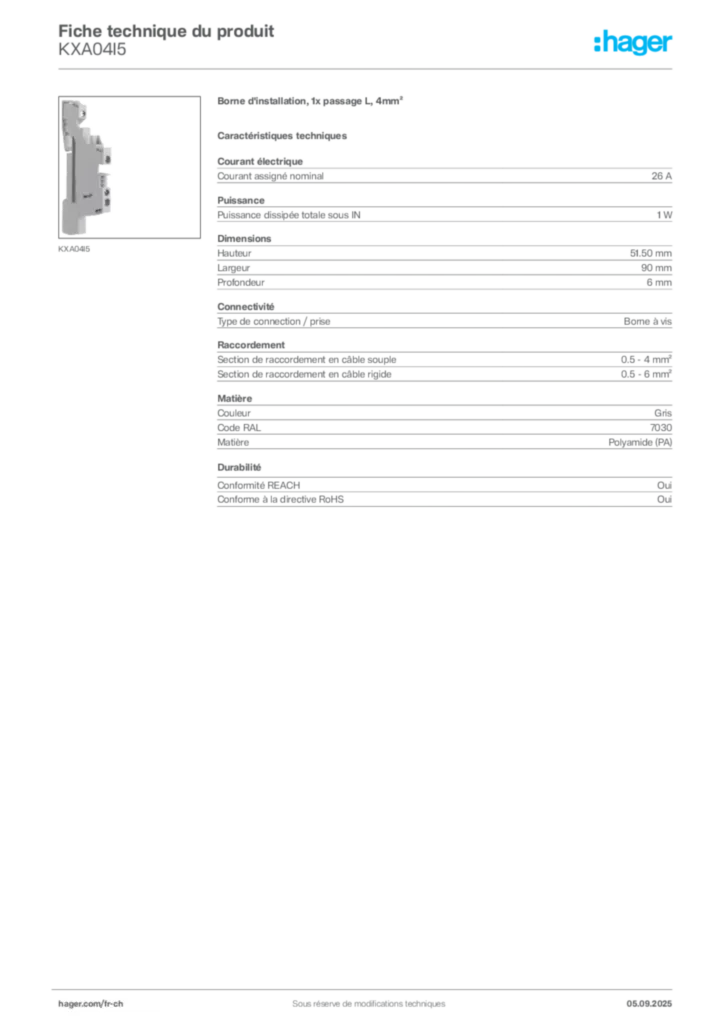 Image Hager Fiche technique du produit KXA04I5 | Hager Suisse