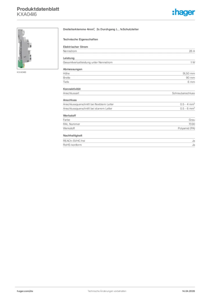 Bild Hager Produktdatenblatt KXA04I6 | Hager Deutschland