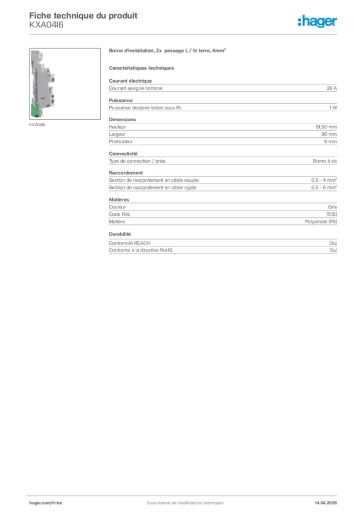 Image Hager Fiche technique du produit KXA04I6 | Hager Belgique