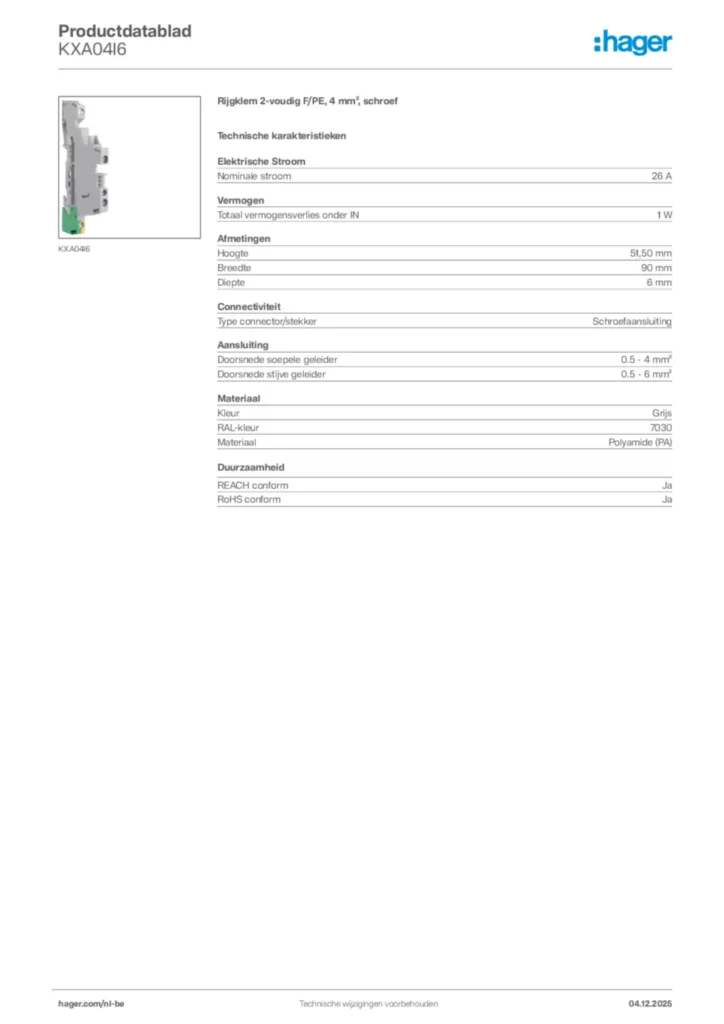 Afbeelding Hager Productdatablad KXA04I6 | Hager Belgium