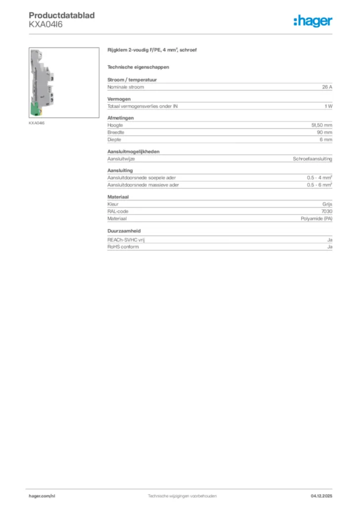Afbeelding Hager Productdatablad KXA04I6 | Hager Nederland