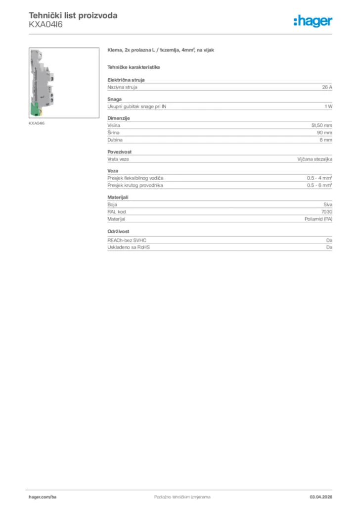 Slika Hager Tehnički list proizvoda KXA04I6  | Hager