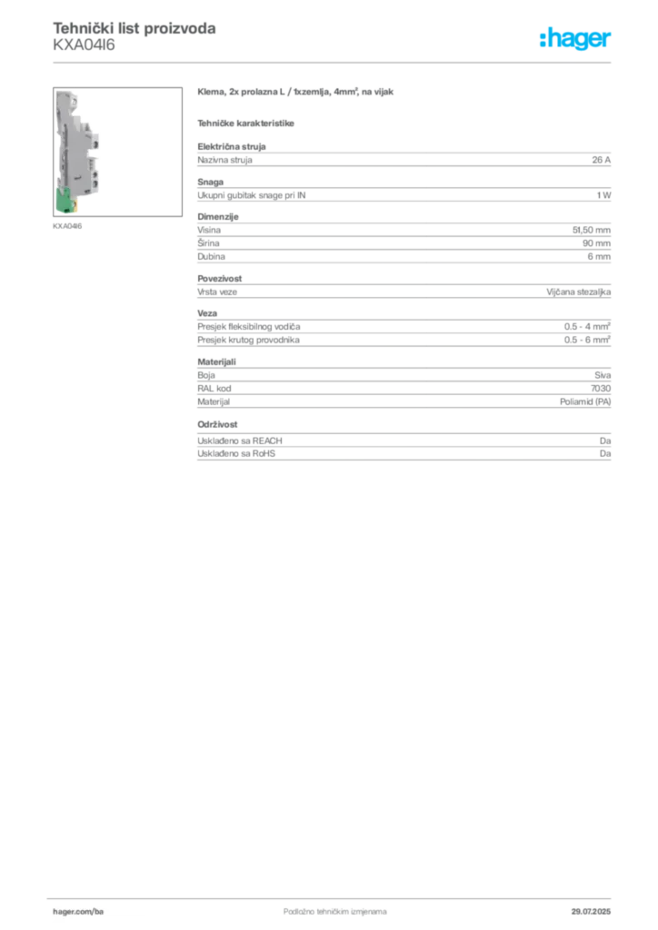 Slika Hager Product data sheet KXA04I6  | Hager