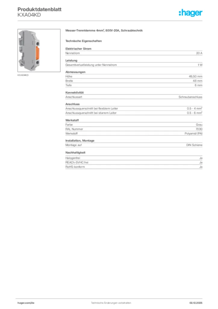 Bild Hager Produktdatenblatt KXA04KD | Hager Deutschland