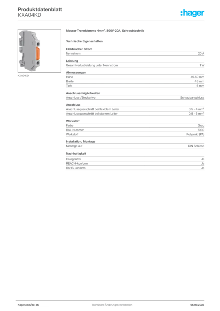 Bild Hager Produktdatenblatt KXA04KD | Hager Schweiz