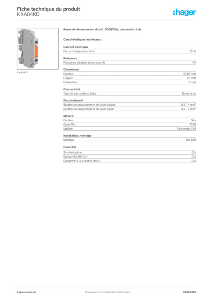 Image Hager Fiche technique du produit KXA04KD | Hager Suisse