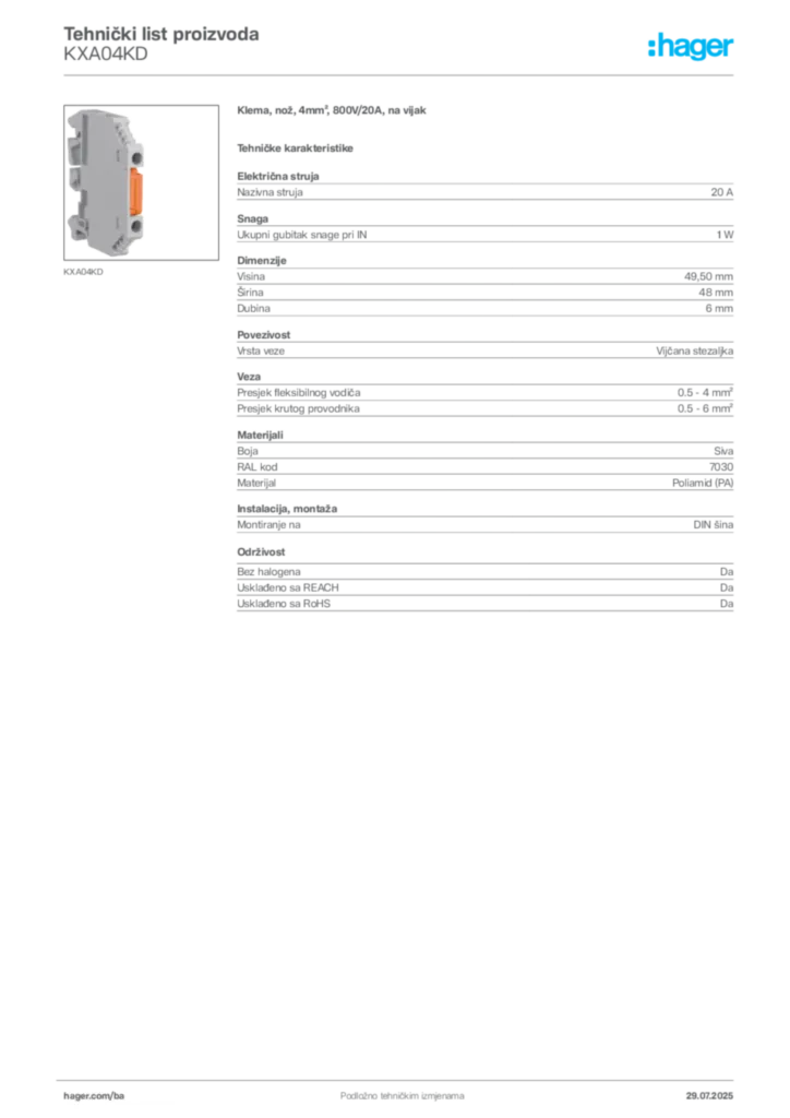 Slika Hager Product data sheet KXA04KD  | Hager