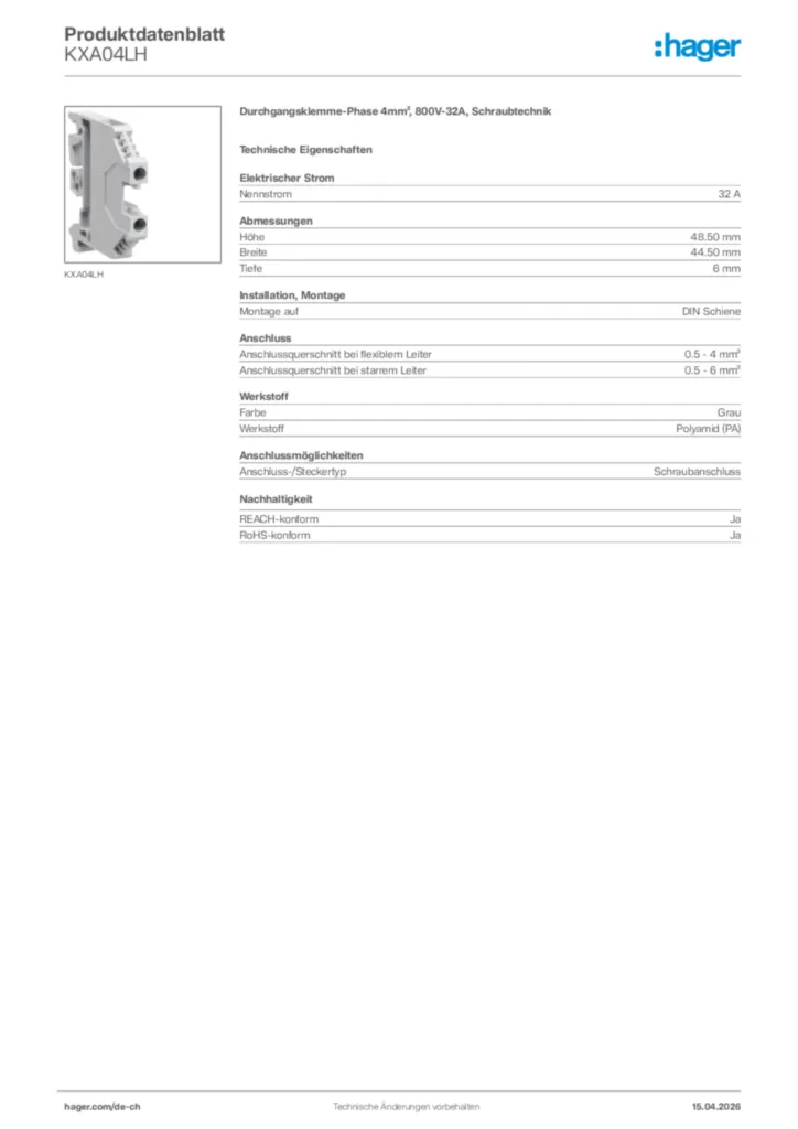 Bild Hager Produktdatenblatt KXA04LH | Hager Schweiz