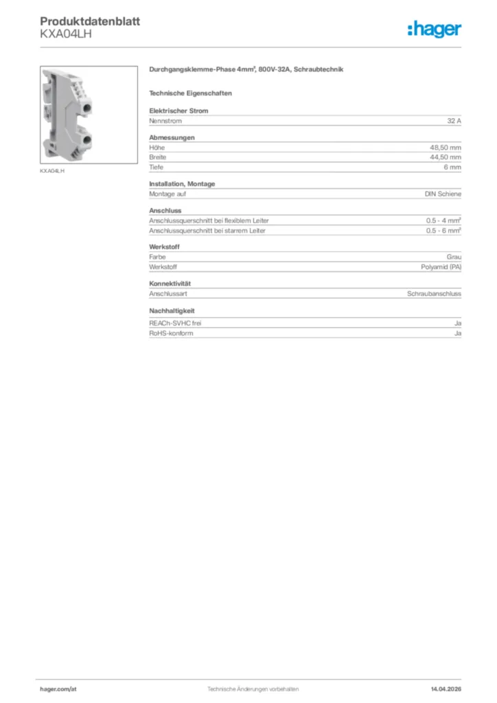 Bild Hager Produktdatenblatt KXA04LH | Hager Deutschland