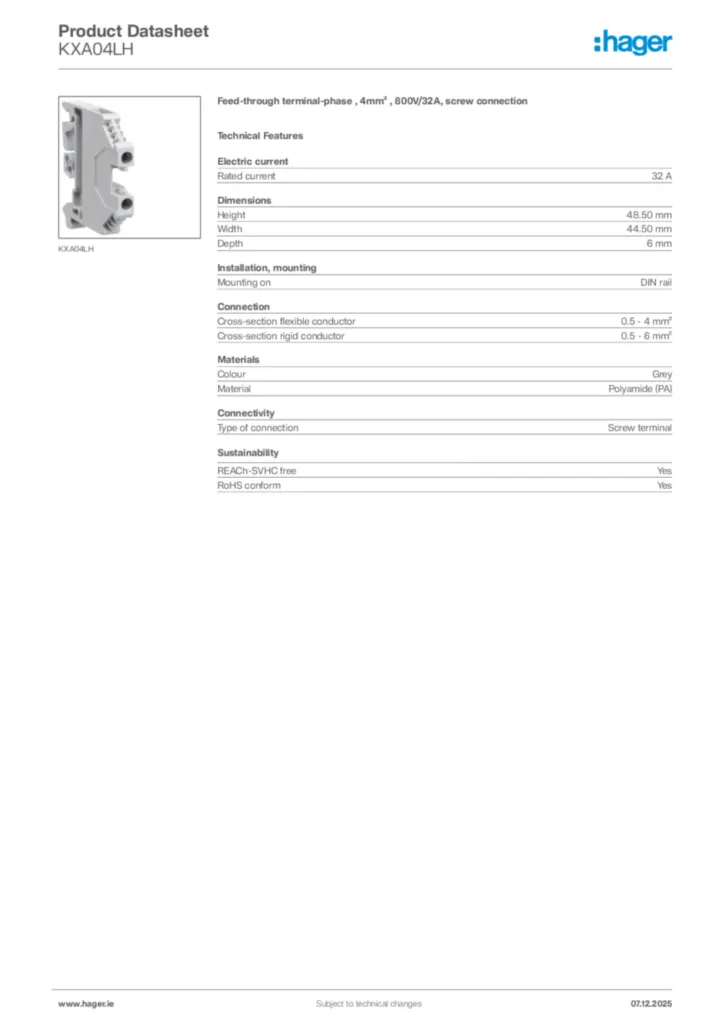 Image Hager Product data sheet KXA04LH  | Hager