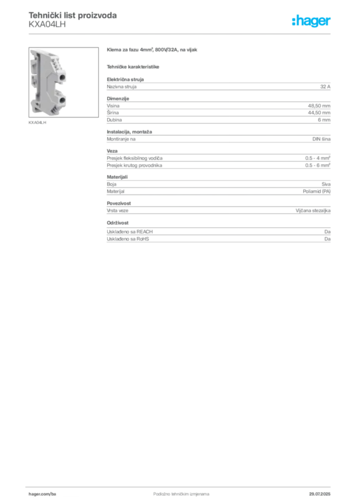 Slika Hager Product data sheet KXA04LH  | Hager